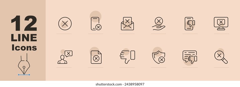 Conjunto de iconos de cancelación. Mensaje, pulgar hacia abajo, lupa, prohibición, smartphone, control parental. Fondo de color pastel. Icono de línea vectorial para negocios