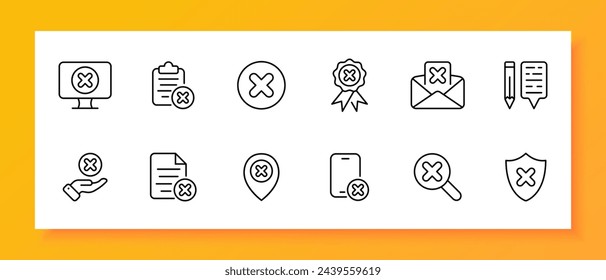 Cancel icon set. Monitor, list, cross, medal, mail, shield, file, smartphone, gps label. Black icon on a white background. Vector line icon for business and advertising