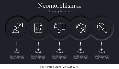 Abbrechen-Symbolsatz. Daumen runter, Feile, Kreuz, Schild, Lupe, Suche. In: Neomorphism Style. Vektorliniensymbol für Unternehmen und Werbung