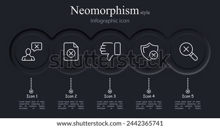 Cancel icon set. Thumbs down, file, cross, shield, magnifying glass, search. Neomorphism style. Vector line icon for business and advertising