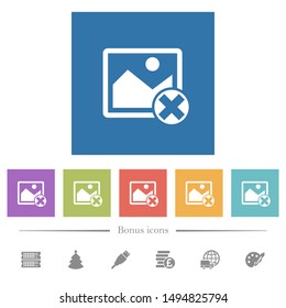 Cancel image operations flat white icons in square backgrounds. 6 bonus icons included.