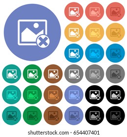 Cancel image operations multi colored flat icons on round backgrounds. Included white, light and dark icon variations for hover and active status effects, and bonus shades on black backgounds.