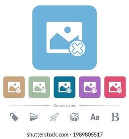 Cancel image operations white flat icons on color rounded square backgrounds. 6 bonus icons included