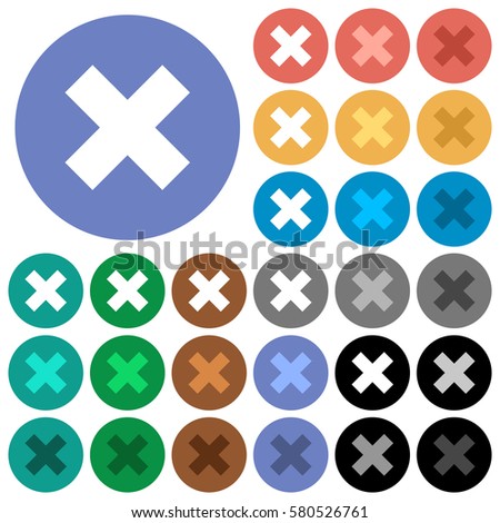 Cancel multi colored flat icons on round backgrounds. Included white, light and dark icon variations for hover and active status effects, and bonus shades on black backgounds.