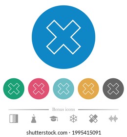 Cancel outline flat white icons on round color backgrounds. 6 bonus icons included.