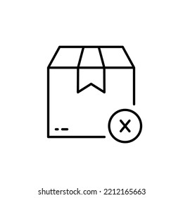 Cancel Parcel Box Order Line Icon. Delete Wrong Package Cross Linear Pictogram. Cancellation Delivery Outline Icon. Reject Purchase in Cardboard Box. Editable Stroke. Isolated Vector Illustration.