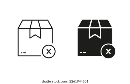 Cancel Parcel Box Order Silhouette and Line Icon Set. Delete Wrong Package Cross Pictogram. Cancellation Delivery Icon. Reject Purchase in Cardboard Box. Editable Stroke. Isolated Vector Illustration.
