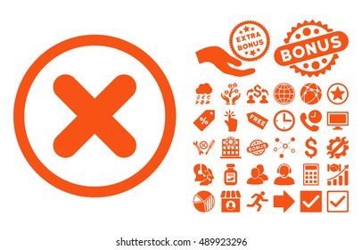 Cancel pictograph with bonus symbols. Vector illustration style is flat iconic symbols, orange color, white background.