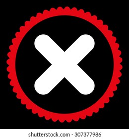 Cancel round stamp icon. This flat vector symbol is drawn with red and white colors on a black background.