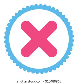 Cancel round stamp icon. This flat vector symbol is drawn with pink and blue colors on a white background.