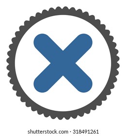 Cancel round stamp icon. This flat vector symbol is drawn with cobalt and gray colors on a white background.