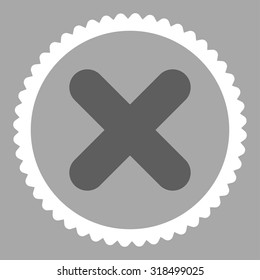 Cancel round stamp icon. This flat vector symbol is drawn with dark gray and white colors on a silver background.