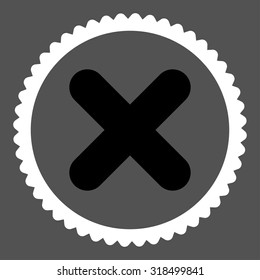 Cancel round stamp icon. This flat vector symbol is drawn with black and white colors on a gray background.
