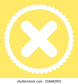 Cancel round stamp icon. This flat vector symbol is drawn with white color on a yellow background.