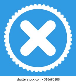 Cancel round stamp icon. This flat vector symbol is drawn with white color on a blue background.