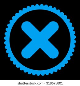 Cancel round stamp icon. This flat vector symbol is drawn with blue color on a black background.
