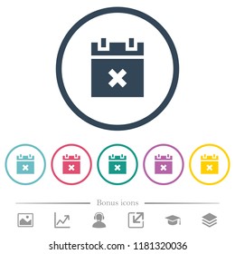 Cancel schedule flat color icons in round outlines. 6 bonus icons included.