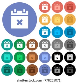 Cancel schedule multi colored flat icons on round backgrounds. Included white, light and dark icon variations for hover and active status effects, and bonus shades on black backgounds.
