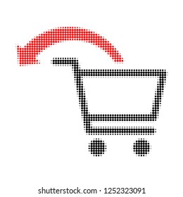 Cancel shopping order halftone dotted icon. Halftone pattern contains round pixels. Vector illustration of cancel shopping order icon on a white background.