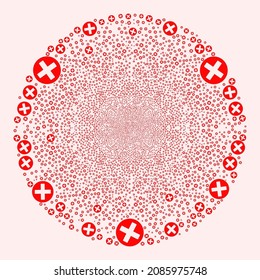 Cancel sign burst globula. Object pattern done from scattered cancel sign icons as explosion globula. Abstract spheric globula collage is created from cancel sign icons.