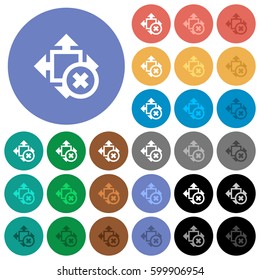 Cancel size multi colored flat icons on round backgrounds. Included white, light and dark icon variations for hover and active status effects, and bonus shades on black backgounds.