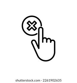 Cancel thin line icon: hand clicks button with cross mark. Rejected, declined. Modern vector illustration.