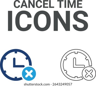 Cancel time icons, Line art icons, Timer, alarm, schedule, hourglass, clock icons. Solid icon collection.