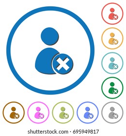 Cancel user account flat color vector icons with shadows in round outlines on white background