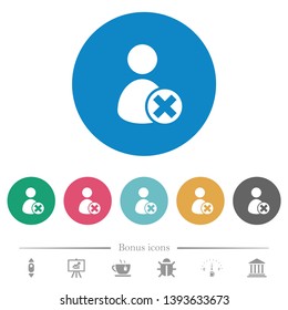 Cancel user account flat white icons on round color backgrounds. 6 bonus icons included.