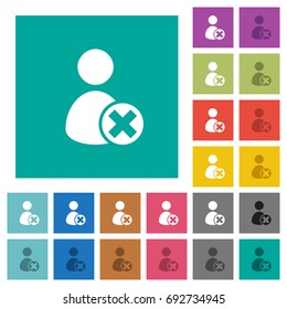 Cancel user account multi colored flat icons on plain square backgrounds. Included white and darker icon variations for hover or active effects.