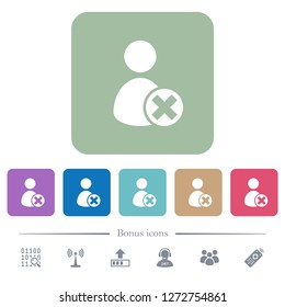 Cancel user account white flat icons on color rounded square backgrounds. 6 bonus icons included