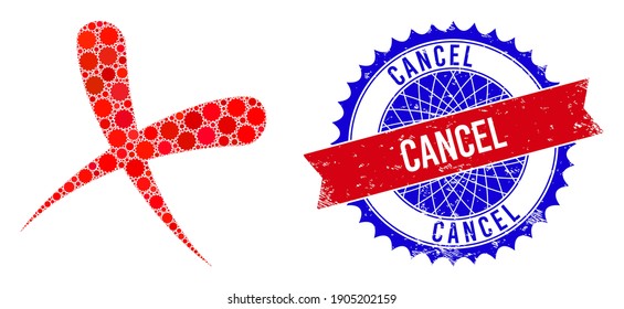 Cancel vector composition of sharp rosettes and CANCEL unclean seal. Bicolor CANCEL stamp seal uses rosette shape, red and blue colors. Rosettes are composed into cancel vector composition.