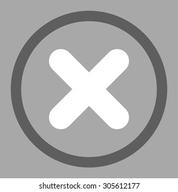 Cancel vector icon. This rounded flat symbol is drawn with dark gray and white colors on a silver background.