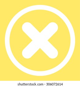 Cancel vector icon. This rounded flat symbol is drawn with white color on a yellow background.