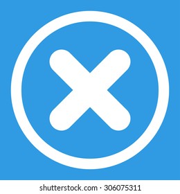 Cancel vector icon. This rounded flat symbol is drawn with white color on a blue background.