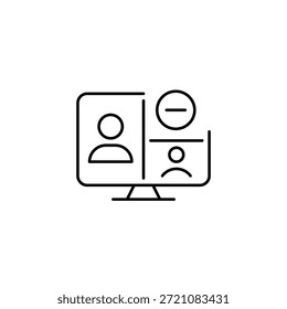 Cancel video chat, remove members from conference. Users on computer monitor and minus. Pixel perfect, editable stroke vector icon