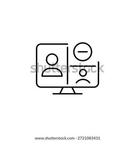 Cancel video chat, remove members from conference. Users on computer monitor and minus. Pixel perfect, editable stroke vector icon