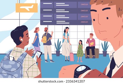 Canceled flights. Frustrated travelers looking flight schedule board of delay airplane departure information, tourists waiting late plane in airport hall classy vector illustration