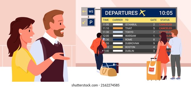 Canceled flights on departure airport screen board. Worried and disappointed passengers wait, delayed airline flight, aircraft problems, waiting lounge room terminal vector illustration