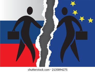 

Canceled partnership, torn paper concept. 
Stylized illustration of Two partners shaking hands at meeting on ripped paper. Men with Russian flag and European Union flag. Vector available.