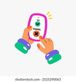 Canceling an order. Hands pressing buttons on a smartphone in flat vector illustration, showing decision making and interaction with technology, isolated on white background