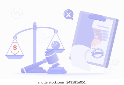 Cancellation contract concept. Tearing up contract paper, disagreement, failure, destroy, market crash, legal system and unsuccessful. Flat vector design illustration.