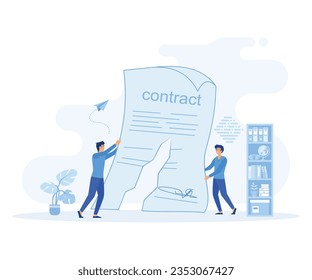 Cancellation of a contract. concept of termination of an agreement. Two men on suit tearing contract. flat vector modern illustration 