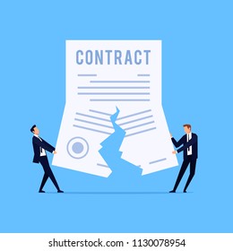 Cancellation of a contract. Vector concept of termination of an agreement. Two man on suit tearing contract. Businessman in workspace. Vector illustration.