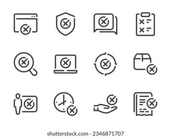 Vektorliniensymbole für Stornierung und Ablehnung. Rahmensymbol-Set kreuzen, löschen, entfernen und auswerfen.