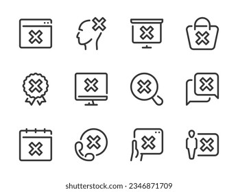 Cancellation and Rejection vector line icons. Cross, Delete, Remove, Cancel and Reject outline icon set.