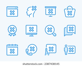 Cancellation and Rejection vector line icons. Cross, Delete, Remove, Cancel and Reject outline icon set. Phone Call, Website, Computer, Date, Search, Shopping Bag and more.