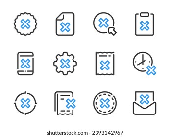 Iconos de línea vectorial de cancelación y rechazo. Icono de cruzar, eliminar, eliminar, cancelar y rechazar esquema.