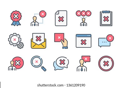 Cancellation related color line icon set. Negative result linear icons. Decline and cancel colorful outline vector sign collection.