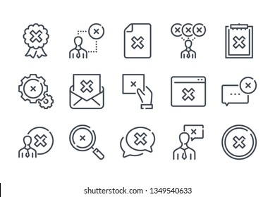 Conjunto de iconos de línea relacionados con la cancelación. Colección de iconos lineales de resultado negativo. Rechazar y cancelar iconos vectoriales.